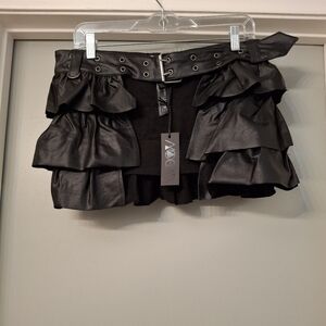Dolls Kill Widow Faux Leather Ruffle Buckle Skirt